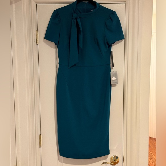 NWT Maggy London Tie Neck Puff Sleeve Scuba Crepe Dress in Teal. Size 6 - Picture 5 of 7